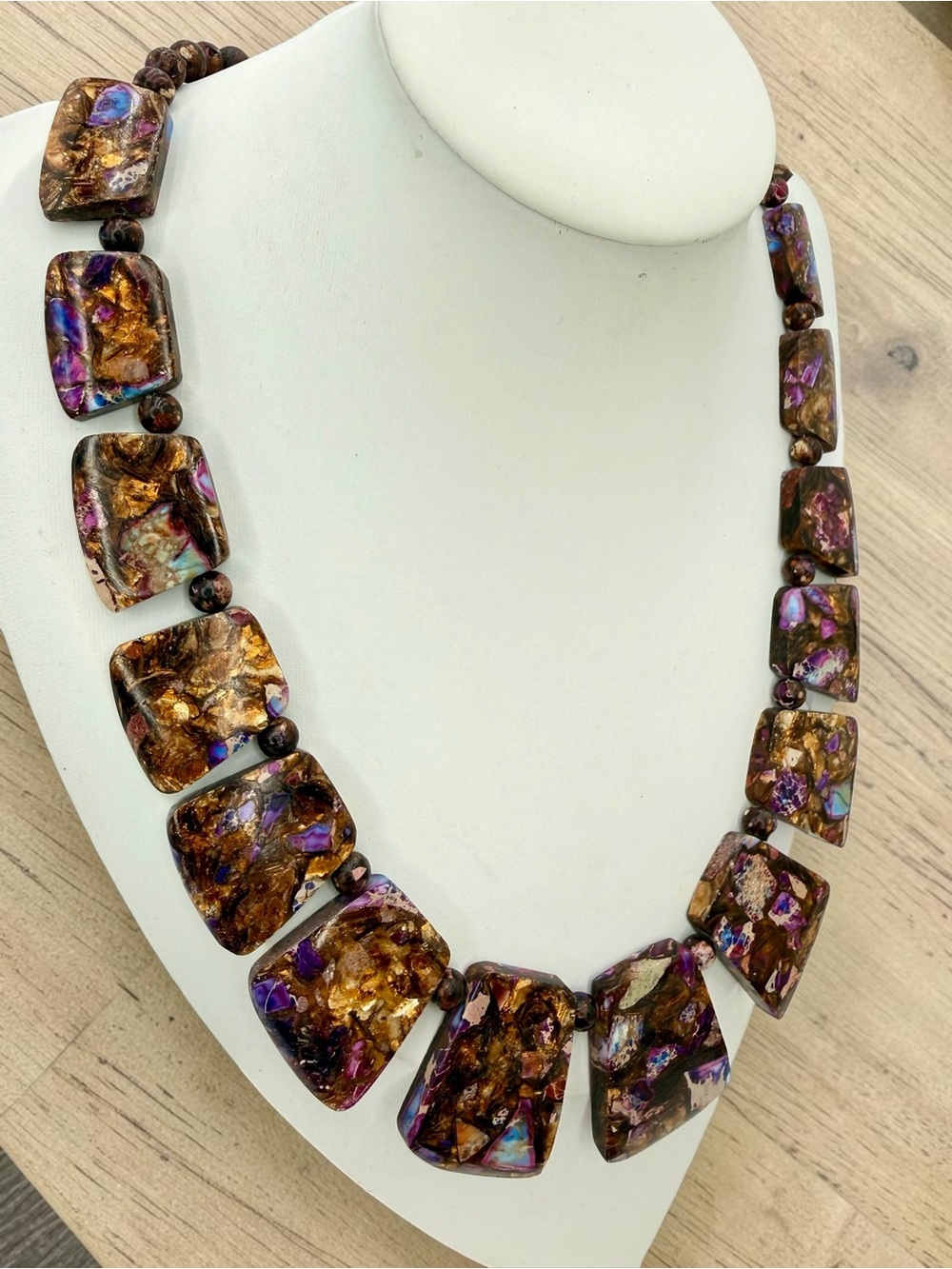 Statement Sea Sediment Jasper Trapezoid Collar Necklace Gold Clasp 18” Boutique